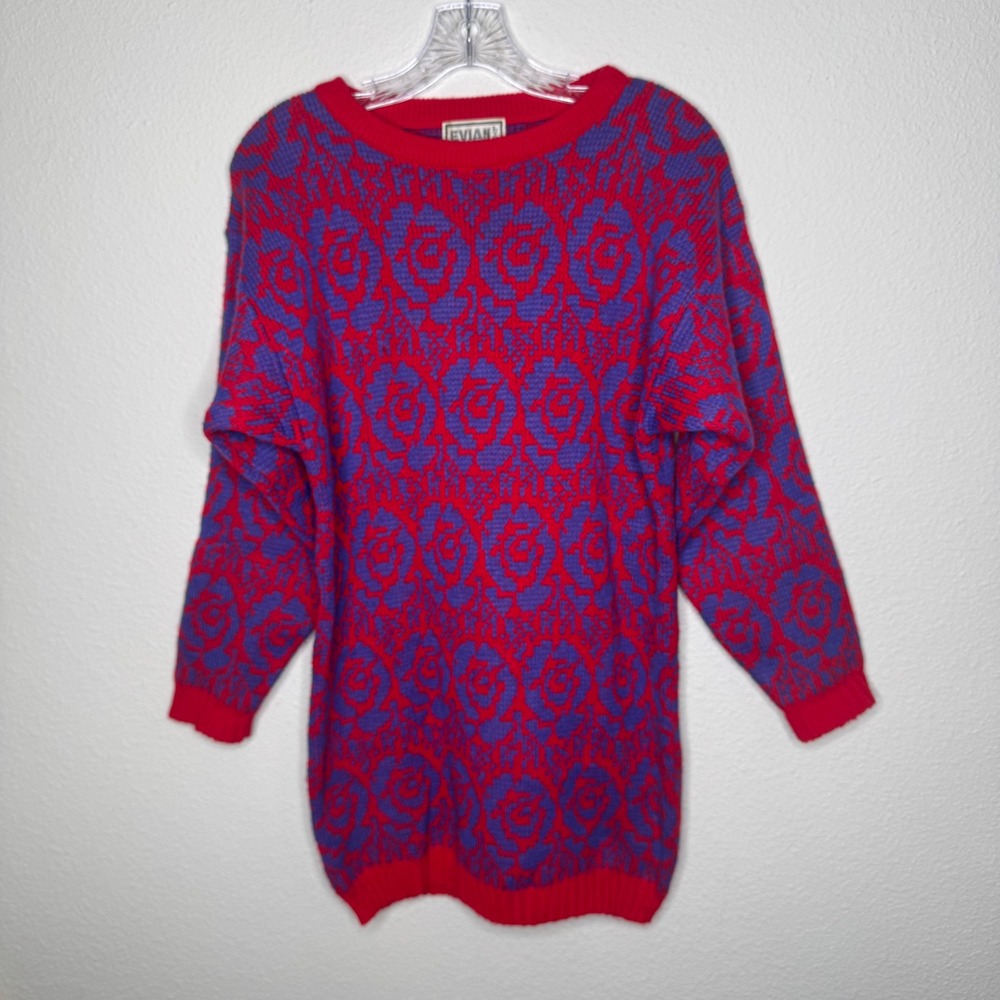 EVIAN‎ Vintage Womens Rose Pattern Knit Sweater Red Purple Medium Acrylic Skii